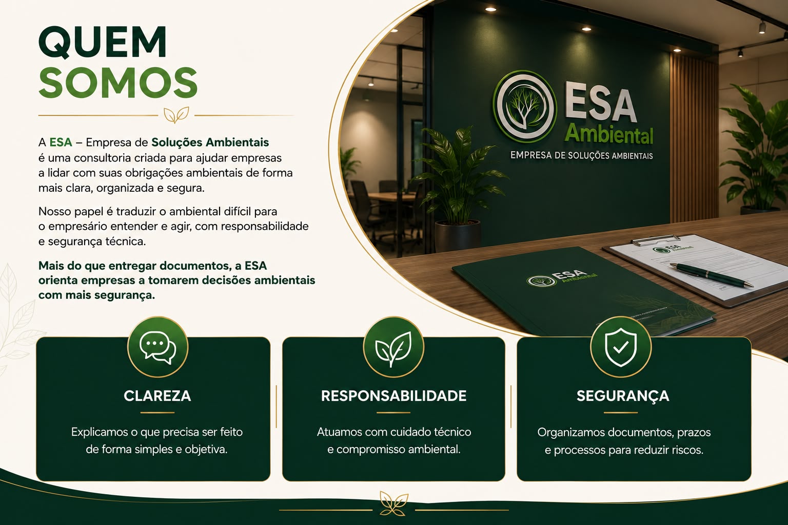 Quem somos — A ESA é uma consultoria criada para ajudar empresas com suas obrigações ambientais: clareza, responsabilidade e segurança