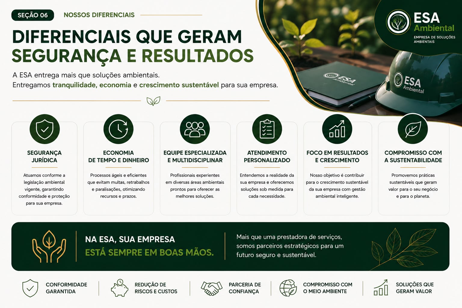 Diferenciais: segurança jurídica, economia de tempo e dinheiro, equipe especializada, atendimento personalizado, foco em resultados e compromisso com a sustentabilidade