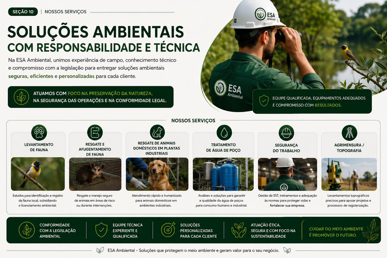 Soluções ambientais com responsabilidade e técnica — nossos serviços: levantamento de fauna, resgate e afugentamento de fauna, resgate de animais domésticos em plantas industriais, tratamento de água de poço, segurança do trabalho e agrimensura/topografia