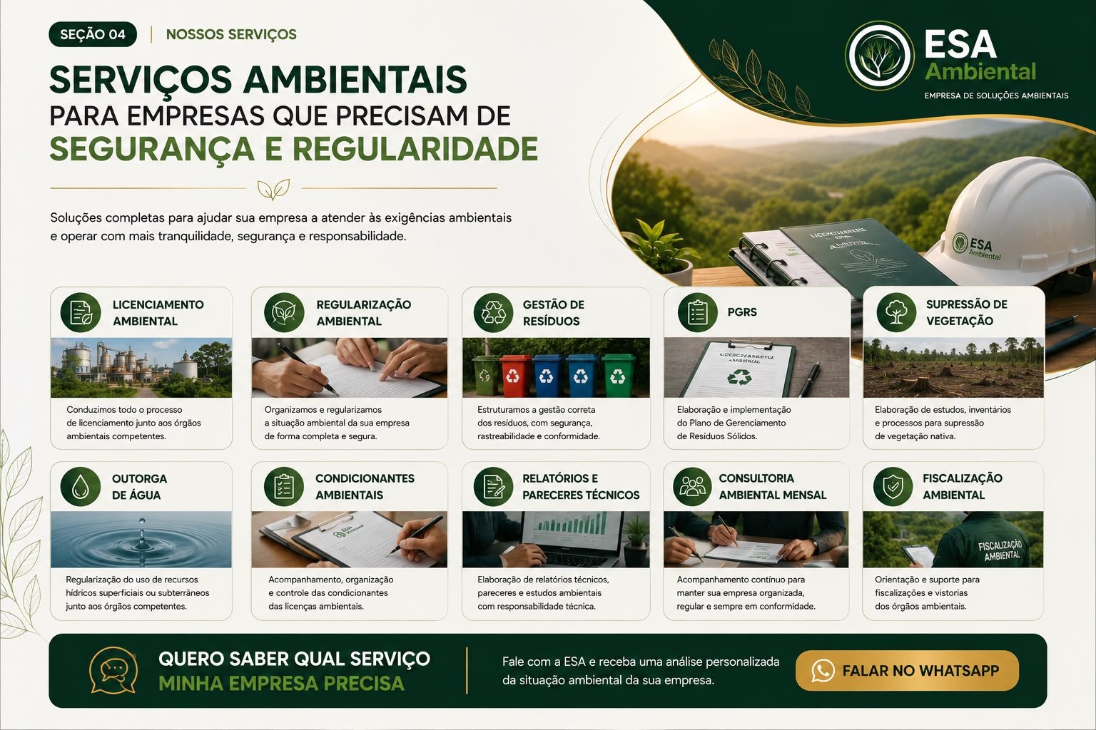 Serviços ambientais: licenciamento, regularização, gestão de resíduos, PGRS, supressão de vegetação, outorga de água, condicionantes, relatórios e pareceres, consultoria mensal e fiscalização