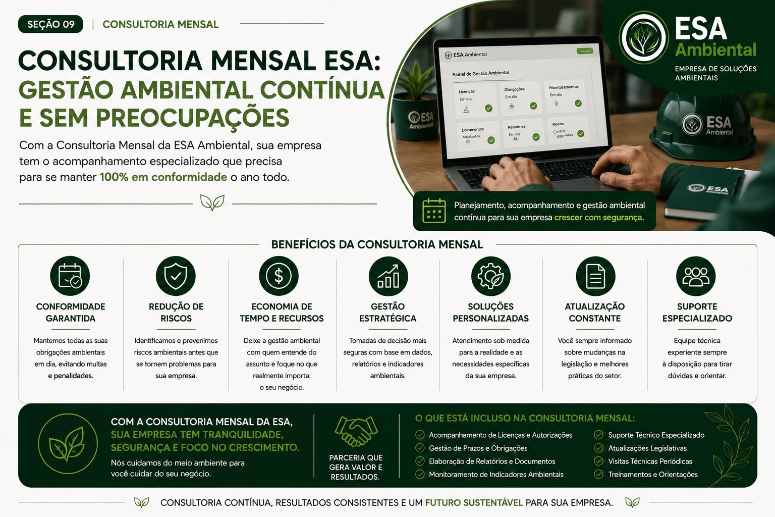 Consultoria mensal ESA: gestão ambiental contínua para manter sua empresa 100% em conformidade o ano todo